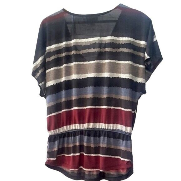 2/$15 Lavish Drawstring Top Gray Medium Batwing Short Sleeve Red V-Neck Stripe - Picture 2 of 6